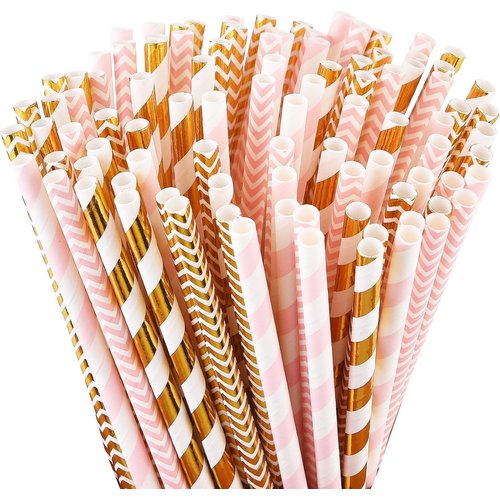 ALINK Biodegradable Paper Straws, 100 Pink Straws/Gold Straws for Party Supplies, Birthday, Wedding, Bridal/Baby Shower, Christmas Decorations and Holiday Celebrations