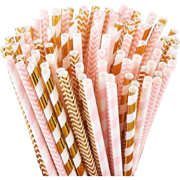 ALINK Biodegradable Paper Straws, 100 Pink Straws/Gold Straws for Party Supplies, Birthday, Wedding, Bridal/Baby Shower, Christmas Decorations and Holiday Celebrations