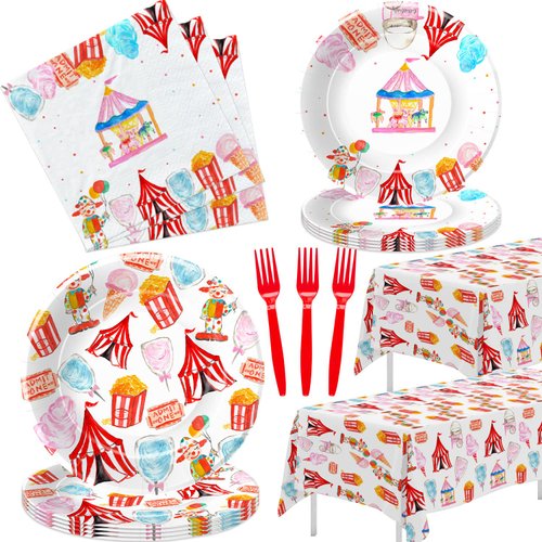 HIPVVILD Circus Theme Party Decorations Tableware, Carnival Party Supplies, Plate, Napkin, Tablecloth, Fork, Circus Party Supplies, Carnival Theme Party Decorations For Birthday Baby Shower | Serve 24