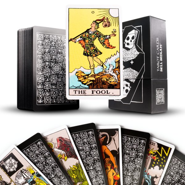 BELL BEDLAM Traditional Tarot Card Deck - Tarot Card Set Art Faithfully Restored from 1909 Pamela Smith Designs - Extra Cards with Divination Prompts