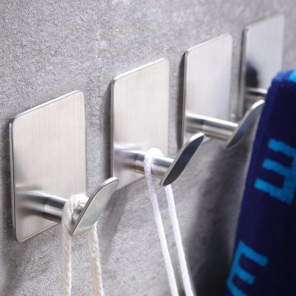 DELITON Adhesive Towel Hooks on Wall: Robe Hooks for Hanging Clothes Hats Stick on Bathroom/Kitchen SUS 304 Stainless Steel Silver