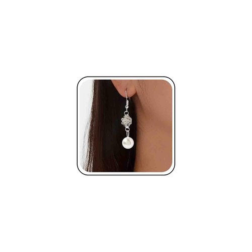 Allereyae Vintage Rhinestone Pearl Drop Earrings Crystal Flower Dangle Earrings Silver Pearl Earring Cz Flower Hook Earrings Jewelry for Women