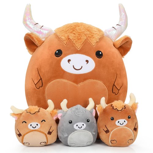 Irfanullah 4PCS Cow Plush Toys Pillow - 14'' Cute Cow Mommy with 3 Babies, Soft Fluffy Cow Stuffed Animal Plushies Toys Sleeping Hugging Pillow Doll Birthday for Kids Girlfriend