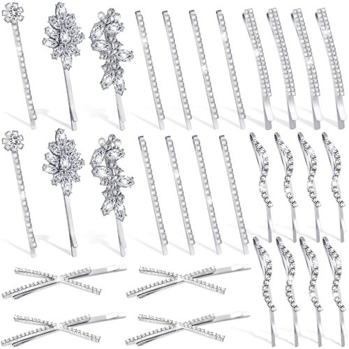 Kenning 28 Pieces Rhinestone Hair Clips Rhinestone Bobby Pins Hair Pins Decorative Rhinestone Hair Barrettes for Wedding, Elegant Bridal Hairpins Hair Accessories for Women, 7 Styles(Silver)