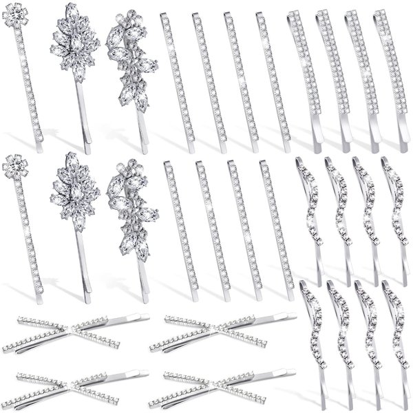 Kenning 28 Pieces Rhinestone Hair Clips Rhinestone Bobby Pins Hair Pins Decorative Rhinestone Hair Barrettes for Wedding, Elegant Bridal Hairpins Hair Accessories for Women, 7 Styles(Silver)
