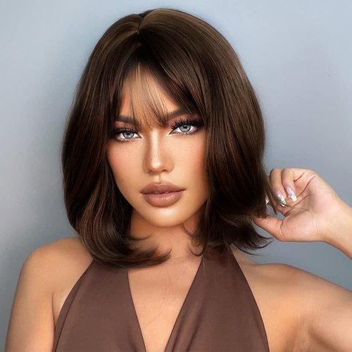 Kuefhs Brown Bob Wig with Bangs, Brown Wigs for Women Short Brown Wig Synthetic Wig 150% Density ...