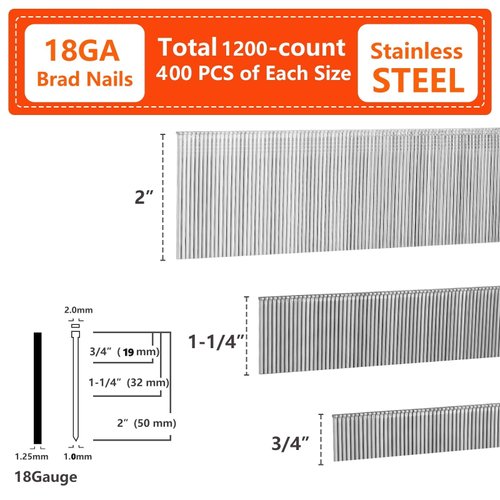 SITLDY 18 Gauge Stainless Steel 304 Brad Nails 1200-Pack (3/4", 1-1/4", 2", 400 Pcs of Each Size), Assorted Size Project Pack, for Pneumatic, Electric Brad Nailers