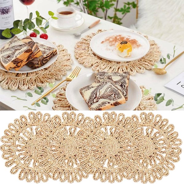 IcosaMro Round Woven Placemats for Dining Table Set of 4 11 Inch Small Natural Braided Rattan Tablemat Hollow Wicker Charger Plates for Holiday Thanksgiving Christmas Kitchen Table Mat, Beige