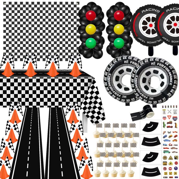 Race Car Party Supplies - 12 Traffic Cones With Holes on Top, 24 Checkered Flags, Checkered Race Car Party Tablecloth, Wheel Tire Balloons, Racetrack Floor Running Mat for Racing Party Decorations