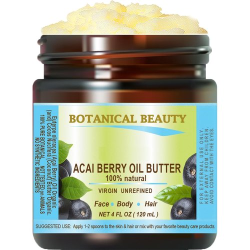 Botanical Beauty ACAI BERRY OIL BUTTER RAW VIRGIN UNREFINED BLEND for Face, Body, Hair, Lip and Nails Coconut Oil and Acai Berry Oil 4 Fl. oz. - 120 ml. Rich in Vitamin E