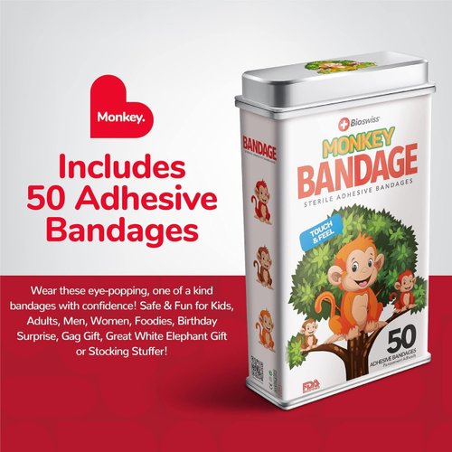 BioSwiss Bandages, Monkey Shaped Self Adhesive Bandage, Latex Free Sterile Wound Care, 50 Count