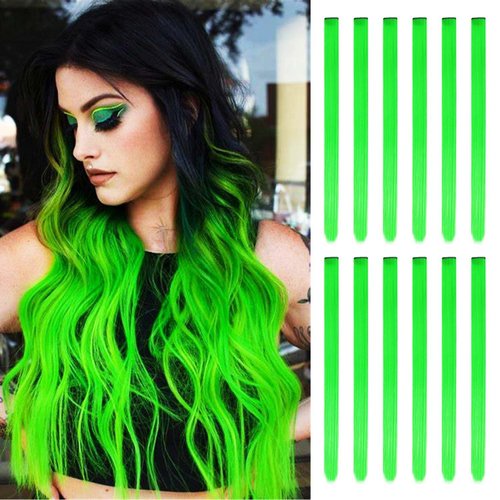 12 PCS Green Clip in Hair eExtensions 22 Inch Colorful Straight Hair Extensions Long Synthetic Hairpieces Colored Party Highlights Extension for Kids Girls Women（Light Green）