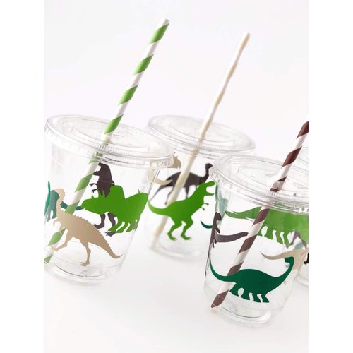 Dinosaur Birthday Cups, Kids Party Supplies, Birthday Favor Cups, Plastic Disposable Cups, Lids and Straws, Set of 12