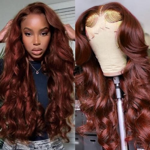Reddish Brown 13x4x1 Lace Front Body Wave Human Hair Wig Bleached Knots #33B Cooper Red Colored B...
