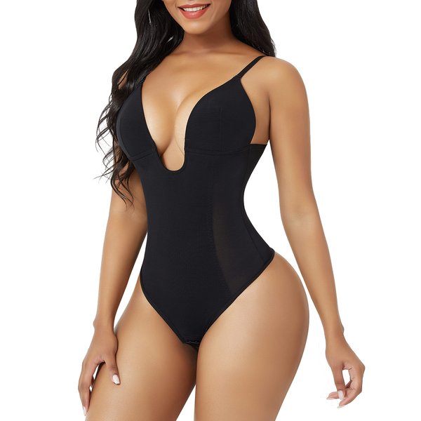 FeelinGirl Firm Tummy Control Shapewear Waist Shaper for Women V-Neck Faja Bodysuit with Bra Slimming Body Shaper Black L