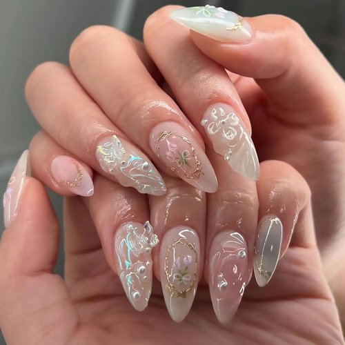 Tyuimhx 3D Butterfly Press on Nails Medium Almond Fake Nails with Bow Pearls Gold Line 3D Stripe Designs Full Cover Stick on Nails Acrylic Artificial Nails for Women Glue on Nails 24Pcs