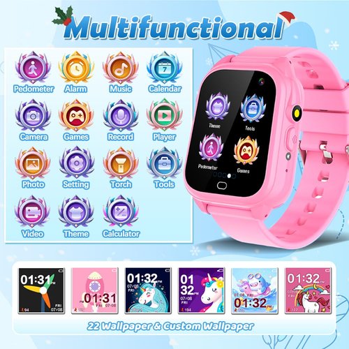 OVV Kids Waterproof Smart Watch with 26 Games 1.44'' Touchscreen HD Camera Pedometer Recorder Music Player Alarm Clock Calculator Educational Wrist Watch for Age 3-10 Girl Boy Learning Toy (Pink)