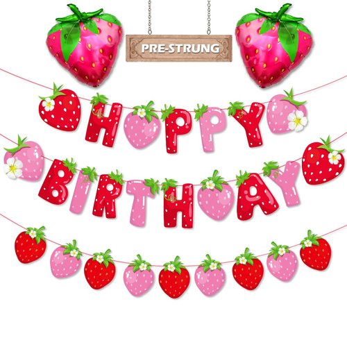 Strawberry Happy Birthday Banner, Strawberry Birthday Decorations with Strawberry Balloons Garland Fruit Banners for Kids Sweet Girls Berry First Birthday Decor Strawberry Party Decorations Supplies