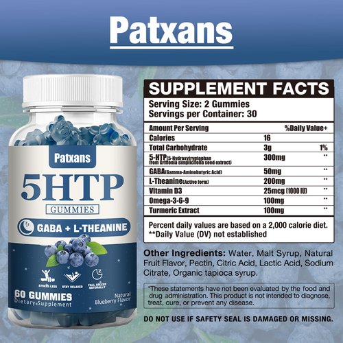 1Pack 300MG 5HTP GABA Sleep Supplement Gummies - Melatonin-Free - Contains 200 MG L-Theanine - Sleep Supplement - Omega 3-6-9 for Natural Zzzs,60 Counts,Blueberry Flavor.