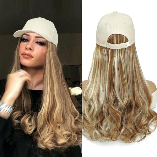 AliRobam Hat Wigs Long Baseball Cap Wig with Wavy Ends Synthetic Hair Extensions attached for Women girls Adjustable Wig Hat (Mix Blonde, 20inch)