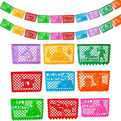 30 Ft Papel Picado Mexicano Banners, Lucha Libre Fiesta Decorations, Mexican theme Party Decorations, Luchador Party Supplies, 20 Flags of Papel Picado Plastico Nacho Libre Holiday Party Decorations