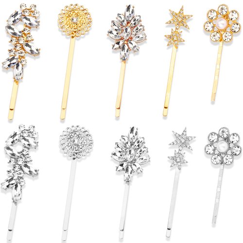 10PCS Crystal Hair Clips Vintage Rhinestone Hair Pin Metal Alloy Plume Bobby Pin Leafy Vine Hair Barrettes Stars Pearl Daisy Hair Accessories for Women Girls Brides