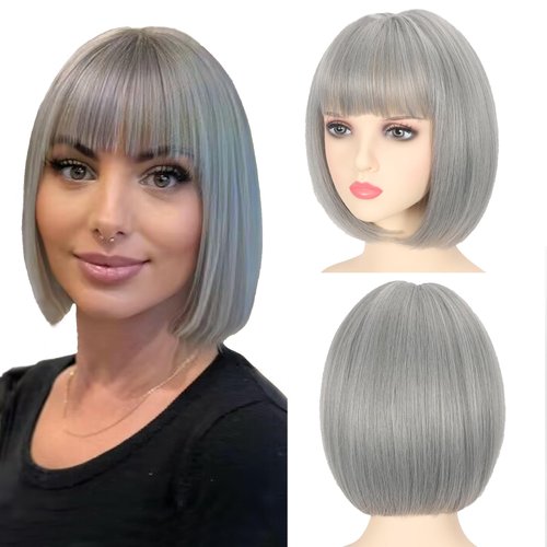AliRobam Bob Wig with Bangs Gray Color Short Straight Wigs for Women Shoulder Length Heat Resistant Synthetic Fiber Wigs for Daily Party Halloween Cosplay (Grey)