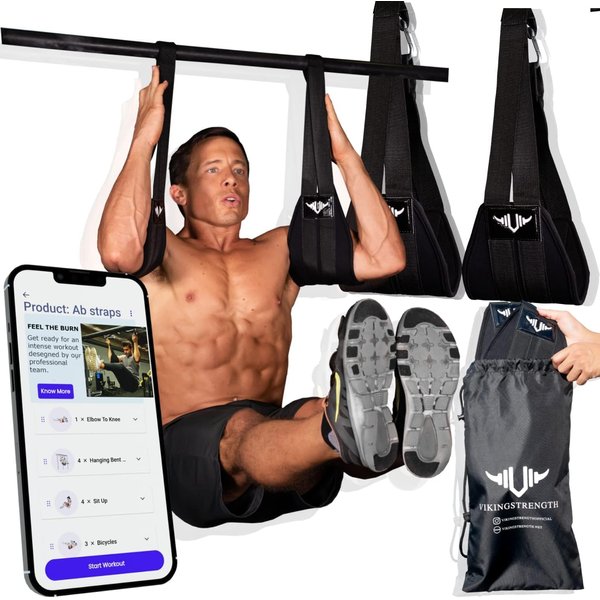 Vikingstrength AB straps - Premium Padded Home Gym Exerciser Ab Slings pair for pull up bar - Hanging Leg Raiser Fitness for six pack - Workout Equipment for Men & Women, Bag and V-Strength Workout App