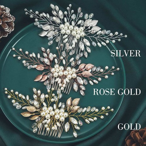 Yean Bride Leaf Bridal Hair Comb Pearl Wedding Hair Piece Rhinestone Hair Accessories for Women and Girls (Silver)