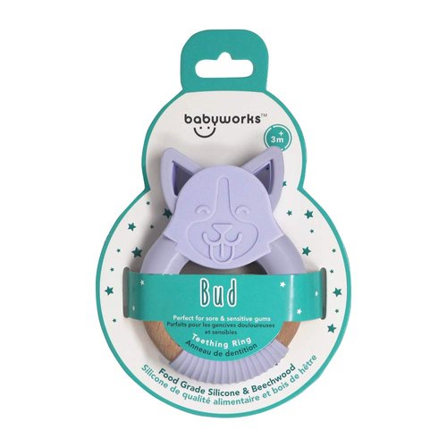 Baby Works - Teething Ring, Silicone & Beechwood Teether Toy, Soothes Baby Gum Pain, Teething Relief - Bud The Puppy