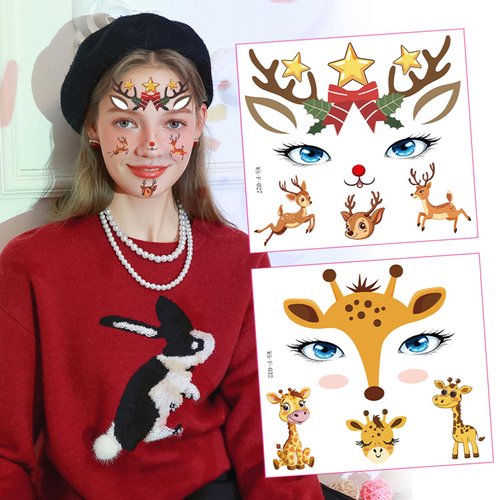 Christmas Reindeer Temporary Tattoo Stickers Elk Face Stickers Yellow Orange Xmas Wither Face Tattoo Dacal for Makeup Cosplay Costume Decorations 2 sheets