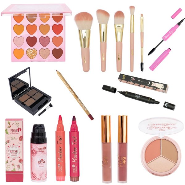 Makeup kit: TRENDY | Exclusive: 12 Products | Best-selling Makeup Kit | Makeup set: Eyeshadow Palette, Brush Kit, Lip Marker ink, Rose Primer, Eyebrow Kit, Velvet Lipstick, Mascara, Eyebrow Kit, Feather and Stamped Eyeliner, Contour Palette, Lip Liner pen
