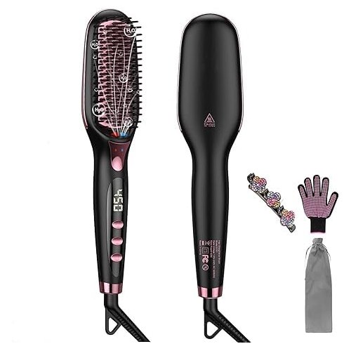 Hair Straightener, Brush and Iron All in One, Hs1 Brush with 16 Heat, Scald Resistance and Automatic Closing Function, Cermet Heating with LCD Gravel, Suitable for The Whole Family