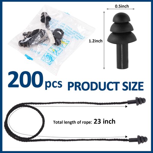 Xuhal 200 Pair Corded Ear Plugs Silicone Reusable Earplugs Sound Blocking Individually Wrapped Ear Plugs Protection Hearing EarPlugs for Sleeping, Music, Shooting, Construction Work, Sports (Black)