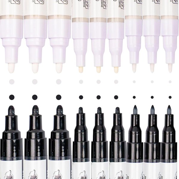 PINTAR | 18 PACK | Black & White Acyrlic Paint Markers in Medium, Fine, Extra Fine Point | Rock Painting, Wood, Glass, Leather, Shoes | Acylic Paint Pens | Pack of 18, 0.7mm/ 1mm/ 5mm