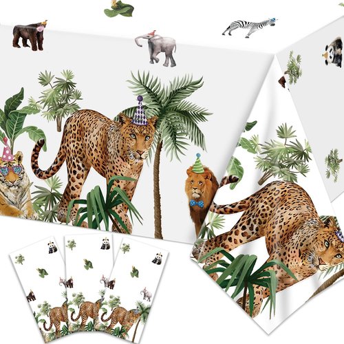 Haimimall Jungle Safari Tablecloths, 3Pcs Wild Animal Birthday Table Covers, Safari Baby Shower Table Cloths Zoo Theme Birthday Party Supplies for Boys Kids 108 * 54in