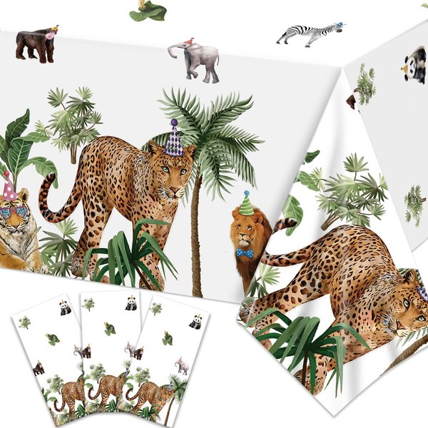 Haimimall Jungle Safari Tablecloths, 3Pcs Wild Animal Birthday Table Covers, Safari Baby Shower Table Cloths Zoo Theme Birthday Party Supplies for Boys Kids 108 * 54in