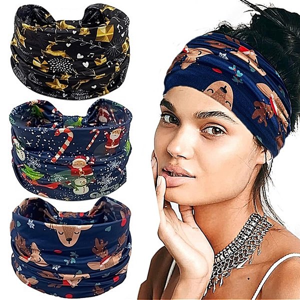 Doneace Christmas Twisted Headbands Snowflake Elk Elastic Turban Headband Stretch-Knotted Hair Wraps Hair Accessories For Christmas Party Women Girls 3Pcs