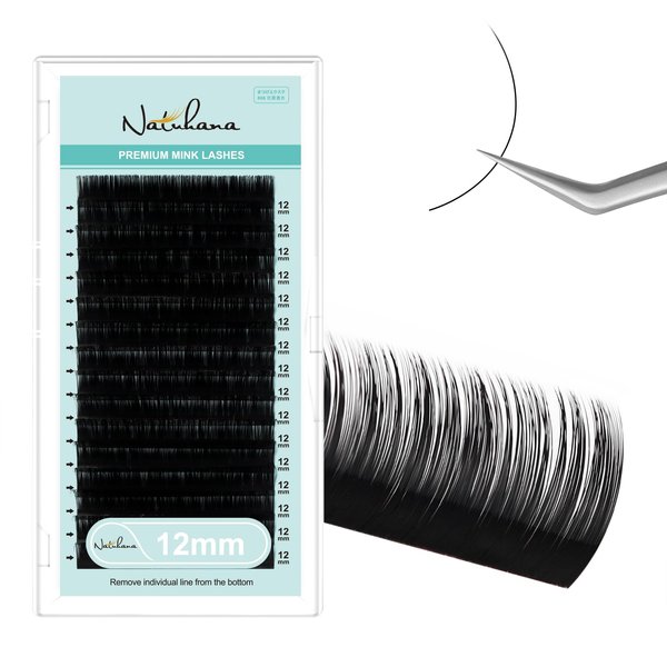 NATUHANA Round Eyelash Extensions 0.05mm D Curl Russian Classic Lash 12mm Single Size Tray False Lashes Supplies,Classic Individual Lash Extensions 16Rows/Case Matte Black (12mm, black;0.05 D)