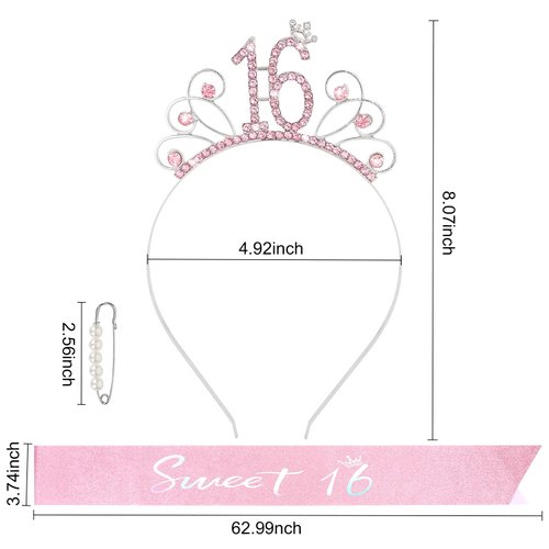 YARIEW Sweet 16 Birthday Sash Headband, Sweet 16 Birthday Decorations for Girls, Birthday Crown and Sash, 16th Birthday Gifts for Girls, Sweet Sixteen Gifts for Girls Pink