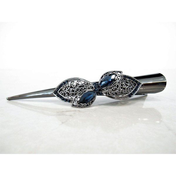 Dark silver bow blue crystal flower alligator hair claw clip clamp