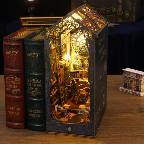 3D Wooden Puzzle Bookends, 2025 New DIY Book Nook Kit, Magic Book House Model Building Kit Insert Decor with Sensor Light, Stand Bookshelf for Home Decorative Books Ornaments (Detective Famous Agency)