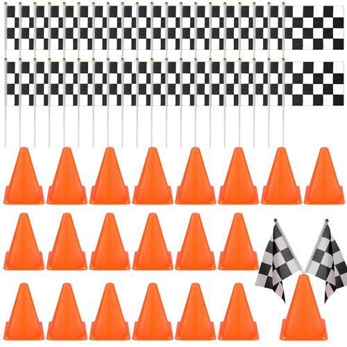 Buryeah 60 Pcs Racing Car Traffic Cones Checkered Flags Sport Training Plastic Cones Racing Checkered Flags for Racing Car Birthday Party Decorations Supplies (Orange,7 Inch)
