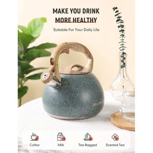 Tea Kettle, BELANKO 102 OZ / 3 Liter Whistling Tea Kettle, Tea Pots for Stove Top Food Grade Stainless Steel with Wood Pattern Handle, Loud Whistle Kettle for Tea, Coffee, Water, Milk - Black Green