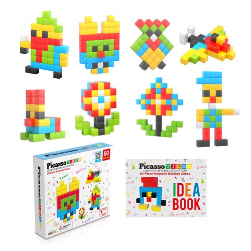 PicassoTiles 60 Pieces 1" Magnetic Building Blocks, 3D Construction Cubes Magnet Sensory Toys Gifts with Free Idea Book for Kids, Toddlers & Babies - PMC60