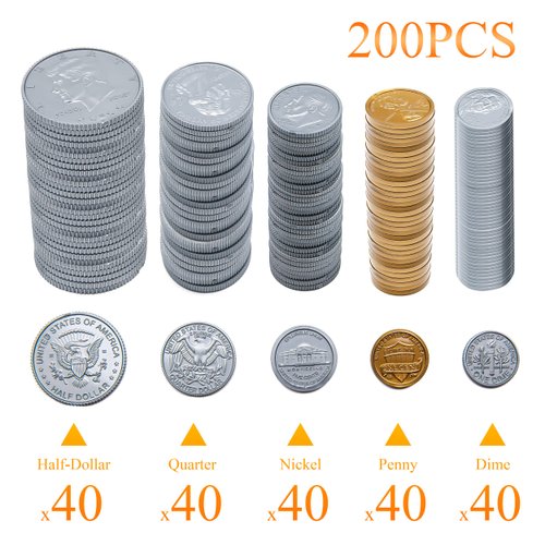 Fake Coins for Kids, 200pcs Play Money Coins Set for Kids Cash Register, Toy Coins and Play Coins That Looks Real Actual Size, Play Money for Pretend Play, Plastic Coins for Kids Learning Education