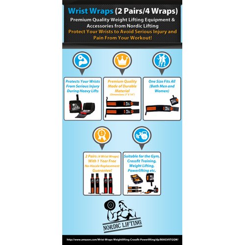 Nordic Lifting Wrist Wraps (2 Pairs/4 Wraps) 14" for Weightlifting | Cross Training| Powerlifting - for Women & Men - Hand Strength & Support During Weight Lifting Red & Orange, 1 Year Warranty