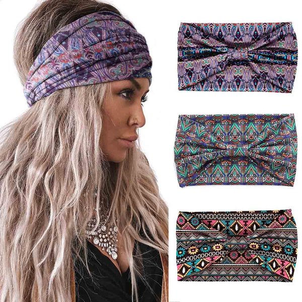 Aceorna Boho Headbands Wide Knotted Hairbands Stretch Printed Head Bands Bohemia Head Wraps for Women and Girls 3 Pcs (Set A)