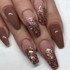 SINHOT Coffin Press on Nails Medium Ballerina Fake Nails Glossy Glue on Nails Brown Gradient Acrylic Nails with Brown Glitter False Nails Designs 24 pcs