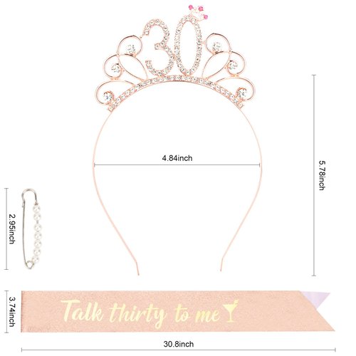 YARIEW 30th Birthday Decorations 30th Birthday Headband + 30 Talk Thirty To Me Birthday Sash + Pearl Pin Set, 30th Birthday Sash and Tiara for Women, 30th Birthday Gifts for Women